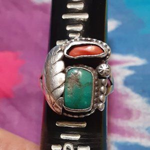 Vintage Navajo Turquoise & Coral Ring
